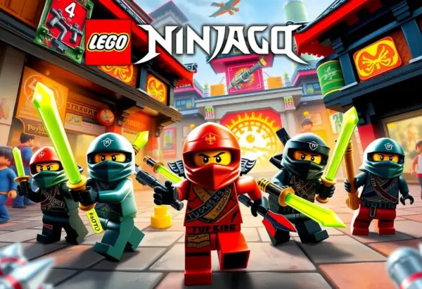 Illustration of LEGO Ninjago characters in an action-packed scene.