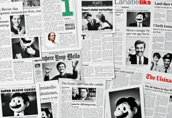 Kolaż recenzji i artykułów opisujących odbiór filmu Super Mario Bros.