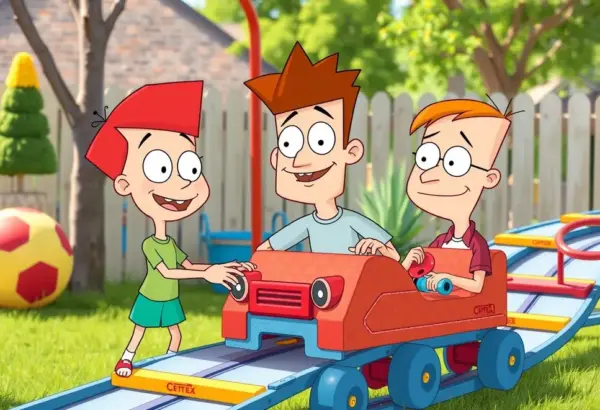 Phineas i Ferb budują kolejkę górską w swoim podwórku, uśmiechnięci i zaangażowani.