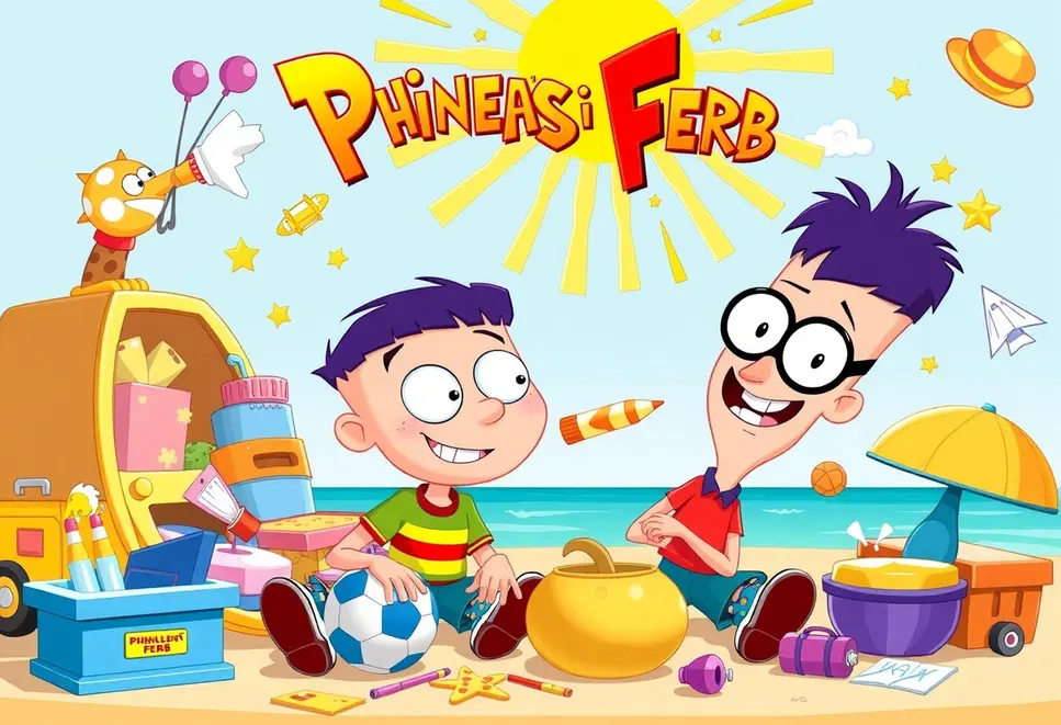 Phineas i Ferb w otoczeniu letnich projektów, emanują pasją i radością.