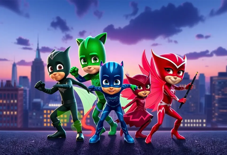 PJ Masks team striking a heroic pose in a city setting.