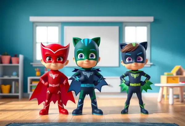 Three animated small superheroes in colorful costumes in a preschool setting.