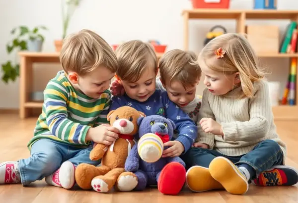 Children using plush toys to cultivate cooperation and empathy, highlighting the social benefits of interactive play.