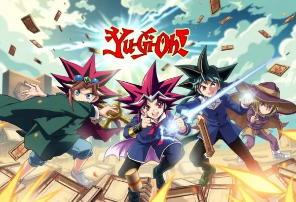 Scena z anime Yu-Gi-Oh!, przedstawiająca młodych bohaterów podczas ekscytującego pojedynku kartami.