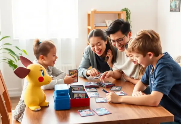 A family playing Pokémon Trading Card Game, highlighting strategy and excitement.