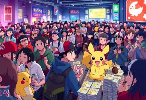 Publiczność zaabsorbowana serią Pokémon w otoczeniu powiązanych gadżetów.