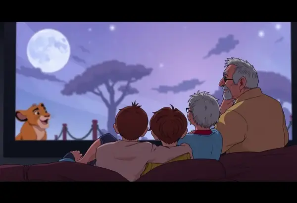 Families of various generations watching The Lion King.