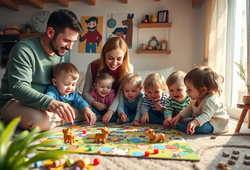 Family gathered around a bright puzzle of cartoon characters, set in a warm and cozy environment.