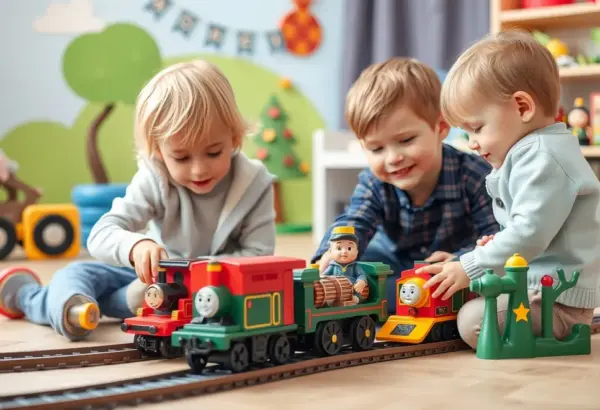 Children interacting with fairy-tale-themed electric train sets.
