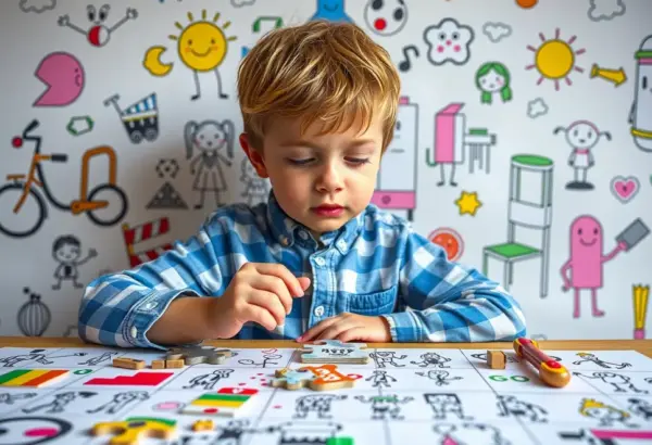Child surrounded by creative drawings while assembling a colorful puzzle.