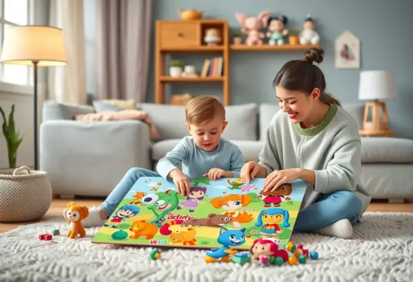 Child and parent assembling a colorful puzzle of cartoon characters on a carpet.