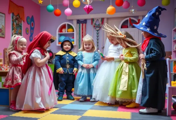Group of children in fairy tale costumes playing in a colorful room.