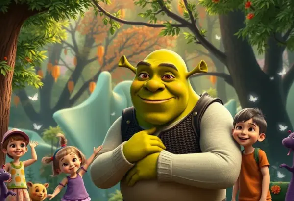 A scene showing Shrek with both children and adults in a magical forest, representing his universal appeal.