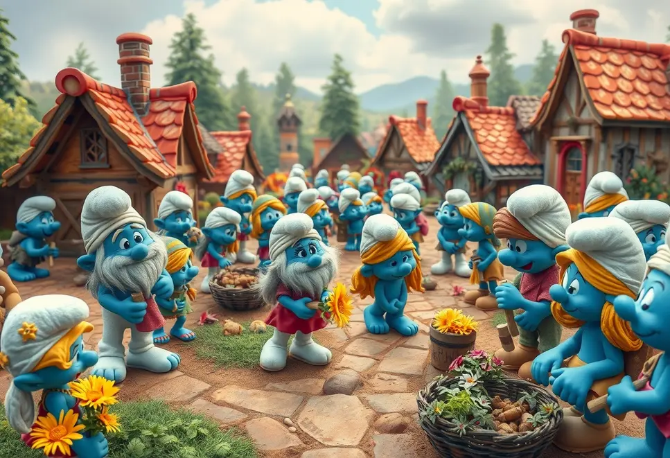 Overview of Smurf village with Smurfs engaged in harmonious activities.