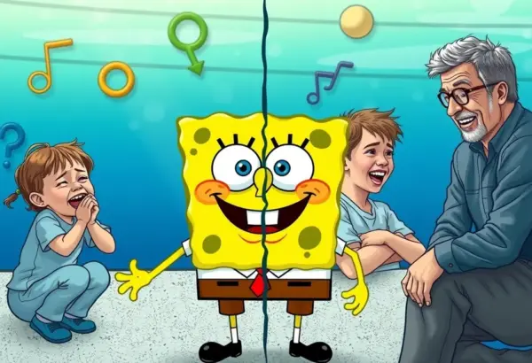 SpongeBob entertaining both children and adults, each group laughing in their own way.