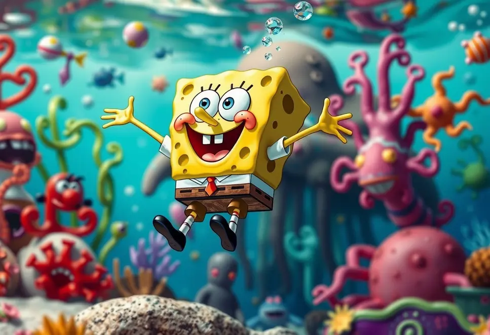 SpongeBob jumping joyfully in a colorful marine landscape with a whimsical underwater setting.