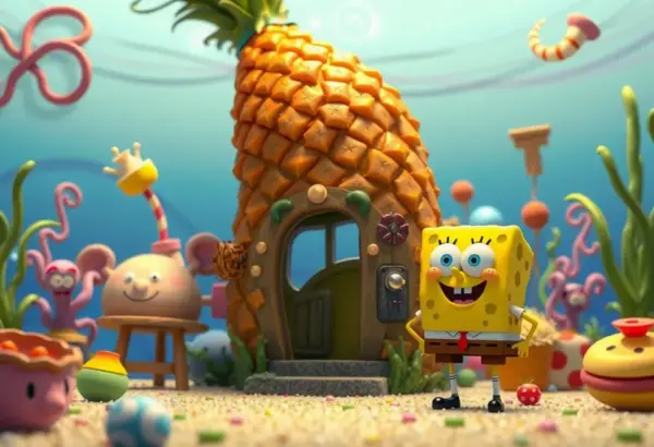 SpongeBob standing in a pineapple house surrounded by colorful, whimsical details.