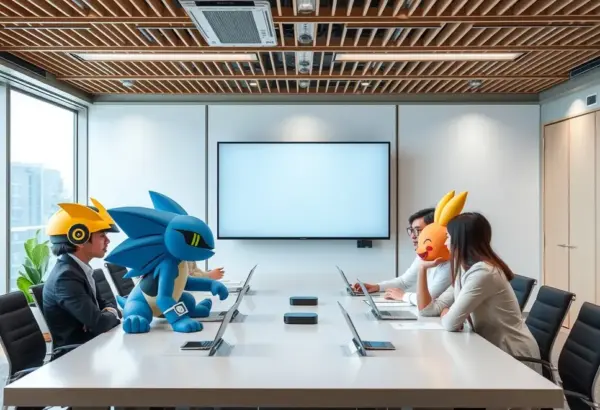 Illustration of a corporate meeting room at Bandai with a focus on strategic marketing planning.