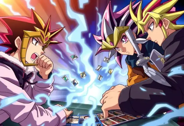 Gracze Yu-Gi-Oh! angażujący się w strategię podczas emocjonującego pojedynku.