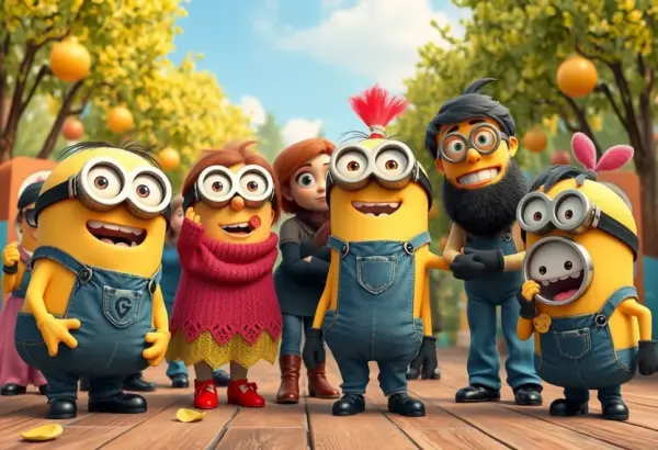 Group of animated characters, both new and familiar, interacting in a lively setting.