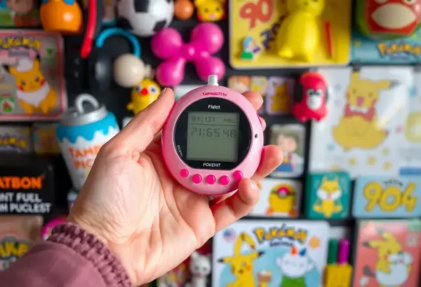 A modern Tamagotchi device held in a hand with 90s memorabilia in the background.