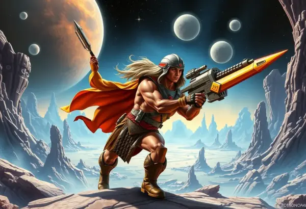 A futuristic scene featuring He-Man and Alex Rogan with advanced digital effects.