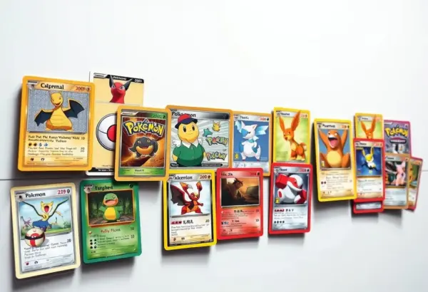 Obraz przedstawiający chronologiczny rozwój kart kolekcjonerskich, w tym z serii Pokémon.