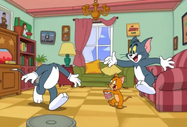 Illustration of Tom cat chasing Jerry mouse in a living room setting.