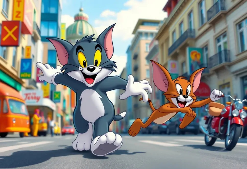 Image of Tom the cat chasing Jerry the mouse in a lively urban scene.