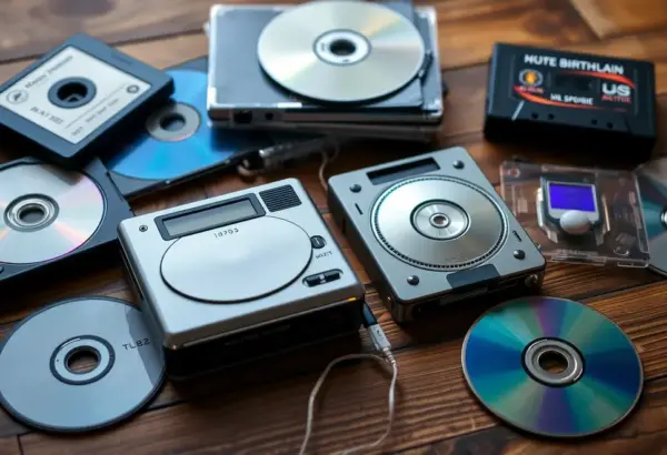 Original Walkman and Discman surrounded by cassettes and CDs on a vintage surface.