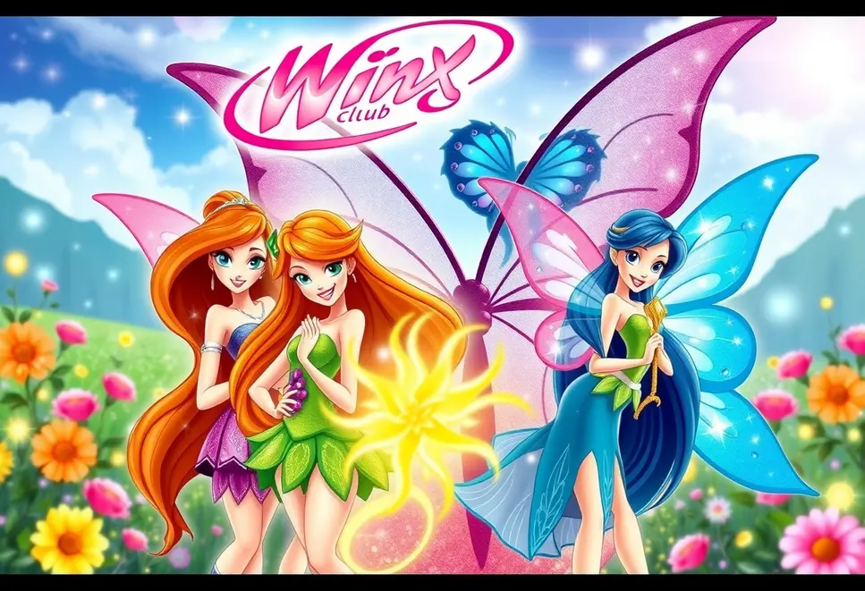 Kolorowy collage z postaciami z Winx Club i elementami magicznymi.