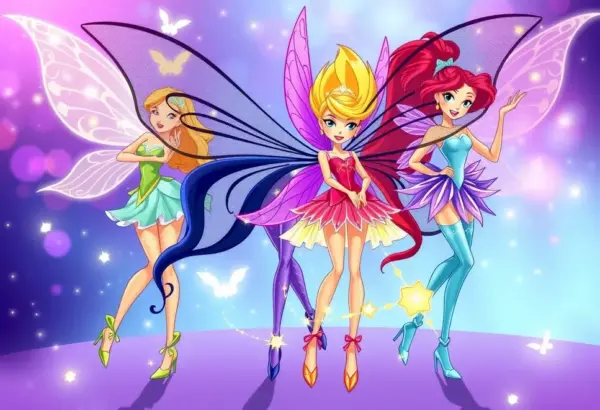 Kolorowe postacie z Winx Club ukazujące swoje moce magiczne.