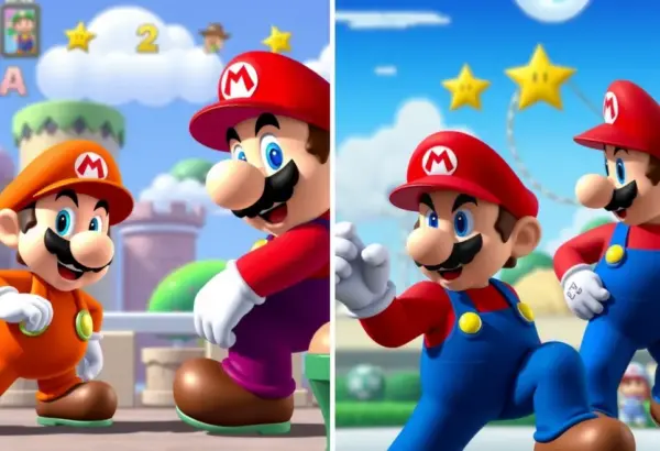 Porównanie gry i filmu Super Mario Bros., pokazujące różnice stylistyczne i wizualne.