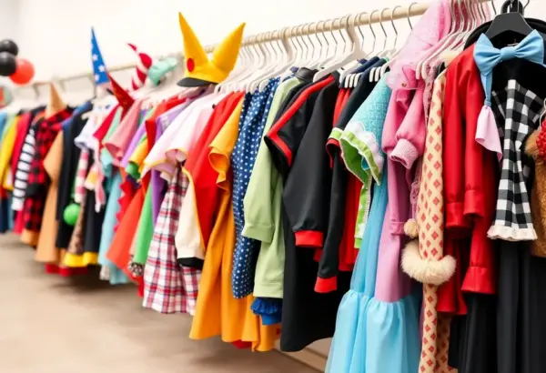 Variety of costumes for different occasions displayed on racks.