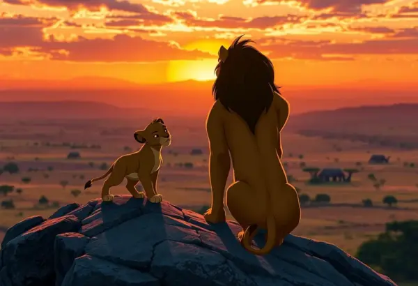 Simba and Mufasa stand together on Pride Rock during sunrise.