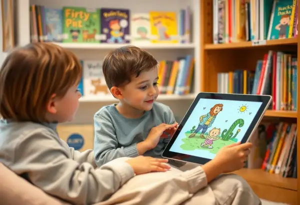 Rodzic i dziecko oglądają bajkę edukacyjną na tablecie przy półce z książkami.