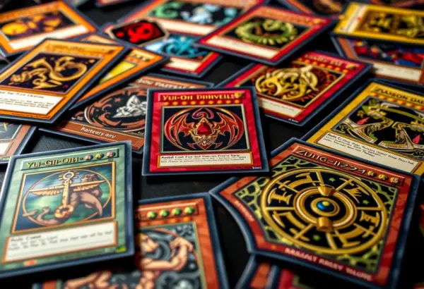 Zbliżenie na karty z gry Yu-Gi-Oh!, ukazujące ich skomplikowane projekty i różnorodność.