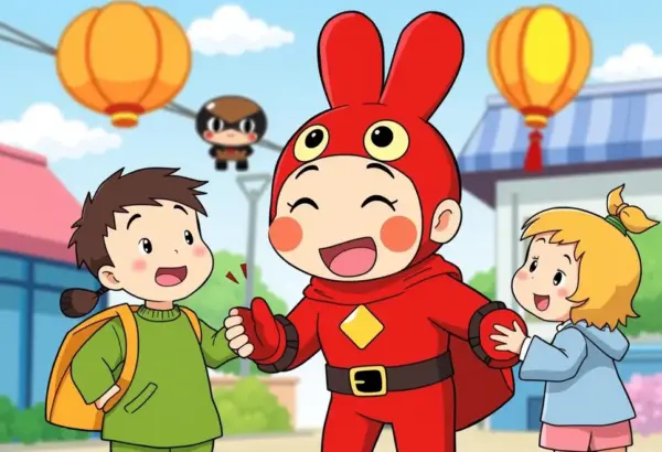 Anpanman interacting with children in a playful animated scene.