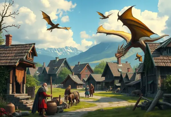 A vibrant Berk village scene with vikings and dragons living together.