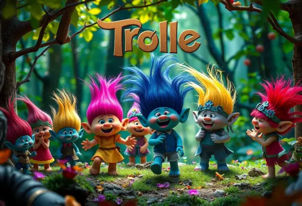 Colorful trolls singing and dancing in a vibrant woodland setting.