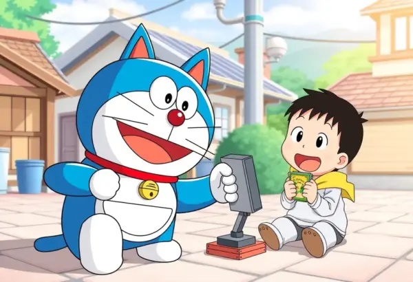 Doraemon using a gadget with Nobita in a humorous animated scene.