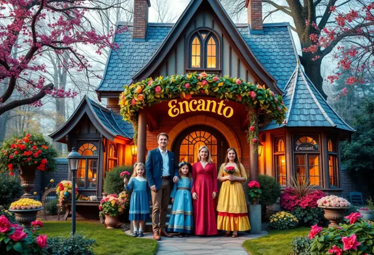 The Madrigal family standing together with their enchanted house in the background.