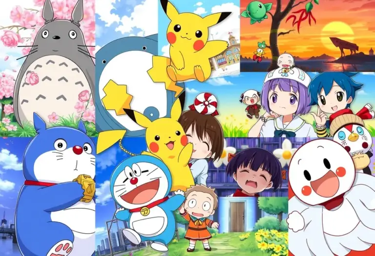 A collage of various family-friendly anime scenes featuring iconic characters.