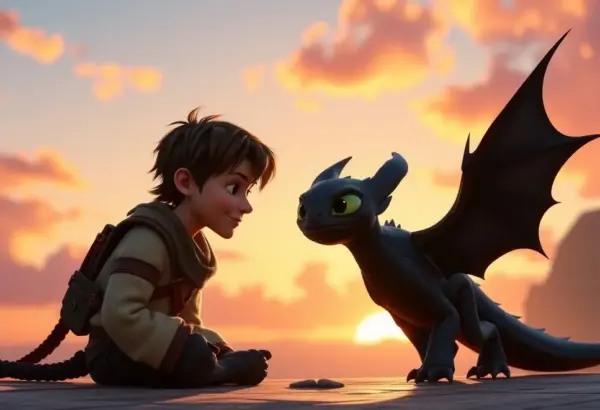 Hiccup and Toothless sitting together during a sunset, depicting their bond.