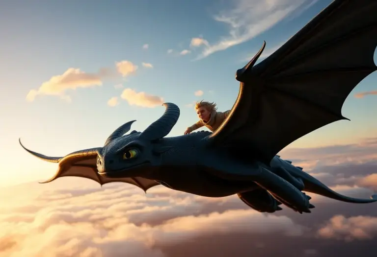 Hiccup and Toothless flying together over Berk, illustrating their bond and the landscape.