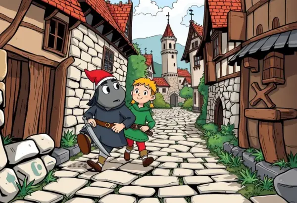 Ilustracja przedstawiająca Kajko i Kokosz w średniowiecznym otoczeniu.