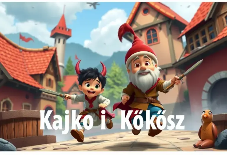 Kajko i Kokosz wykonujący akcję w średniowiecznym krajobrazie przedstawieni w bogatych szczegółach.