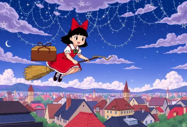 Kiki flying on a broomstick over a town in a scene from Kiki’s Delivery Service.