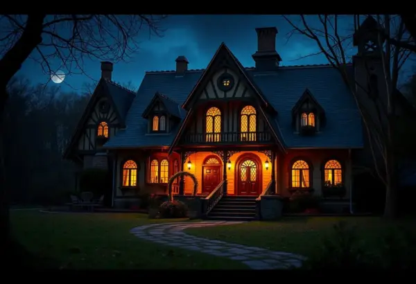 The enchanting Madrigals' house at night, representing family unity and strength.