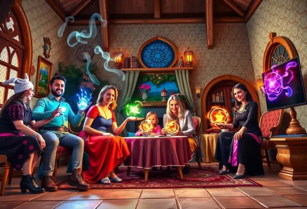 Family members of the Madrigals displaying their magical abilities in a colorful setting.
